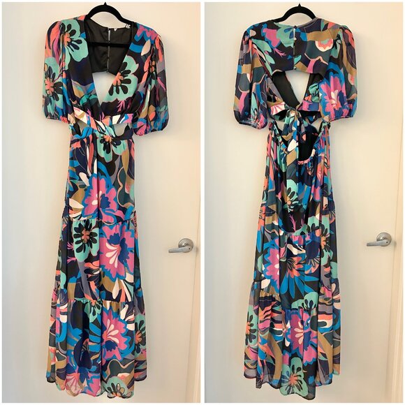 Baltic Born Open Back Floral Black Maxi Dress Bastina Size XL NWOT Flaws - Picture 3 of 10